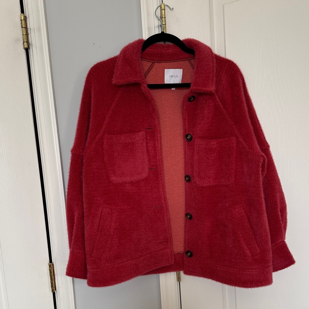 Ganni Deep Red Teddy Jacket with Patch Pockets